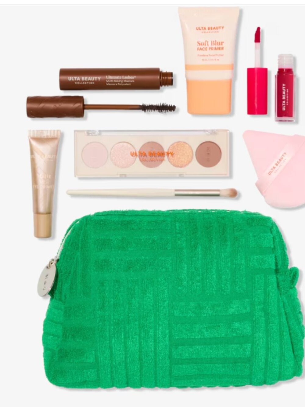ULTA Beauty Makeup Set w/ Neutral Eyeshadow Palette green bag